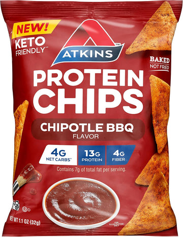 Atkins Chipotle Bbq Protein Chips, 4G Net Carbs, 13G Protein, Gluten Free, Low Glycemic, Keto Friendly, 12 Count