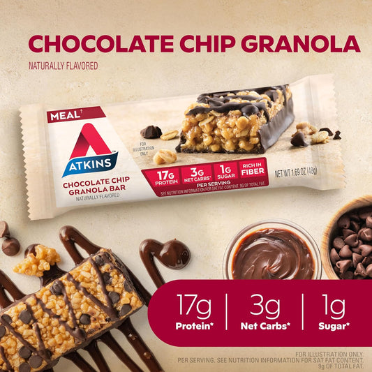 Atkins Chocolate Chip Granola Protein Meal Bar, High Fiber, 17G Protein, 1G Sugar, 3G Net Carbs, Meal Replacement, Keto Friendly, 12 Count