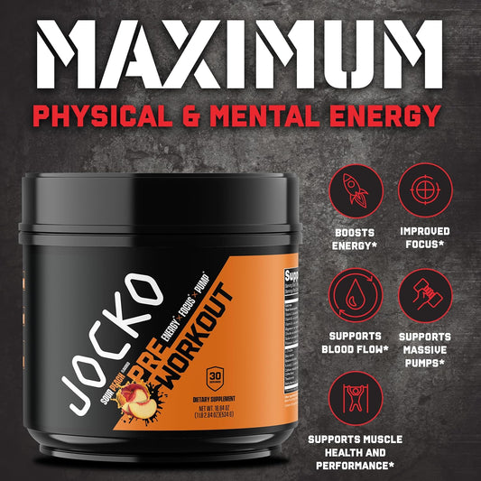 Jocko Fuel Ultimate Pre Workout Powder - Pre-Workout Energy Powder Drink For Men & Women - High Stim Sugar-Free Nootropic Blend To Support Muscle Pump, Energy, & Recovery 200Mg Caffeine Sour Peach