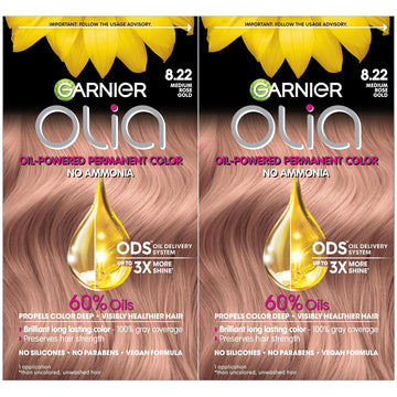 Garnier Hair Color Olia Ammonia-Free Brilliant Color Oil-Rich Permanent Hair Dye, 8.22 Medium Rose Gold, 2 Count (Packaging May Vary)