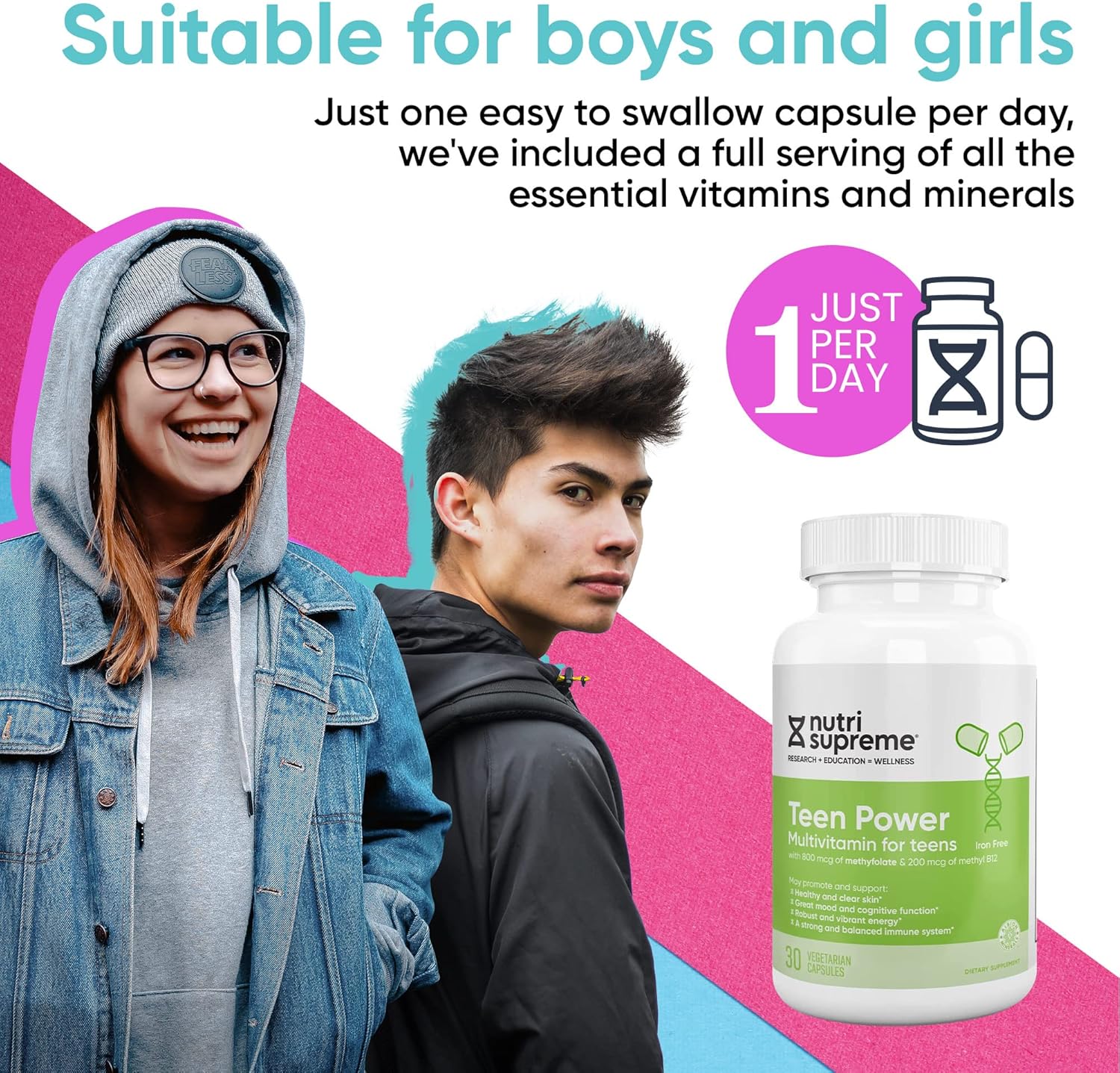 Nutri Supreme Teen Multivitamin For Boys And Girls 12-17, Best Kosher One Per Day Teen Vitamins, Formulated For Teen Development And Immune Health, 30 Capsules : Health & Household