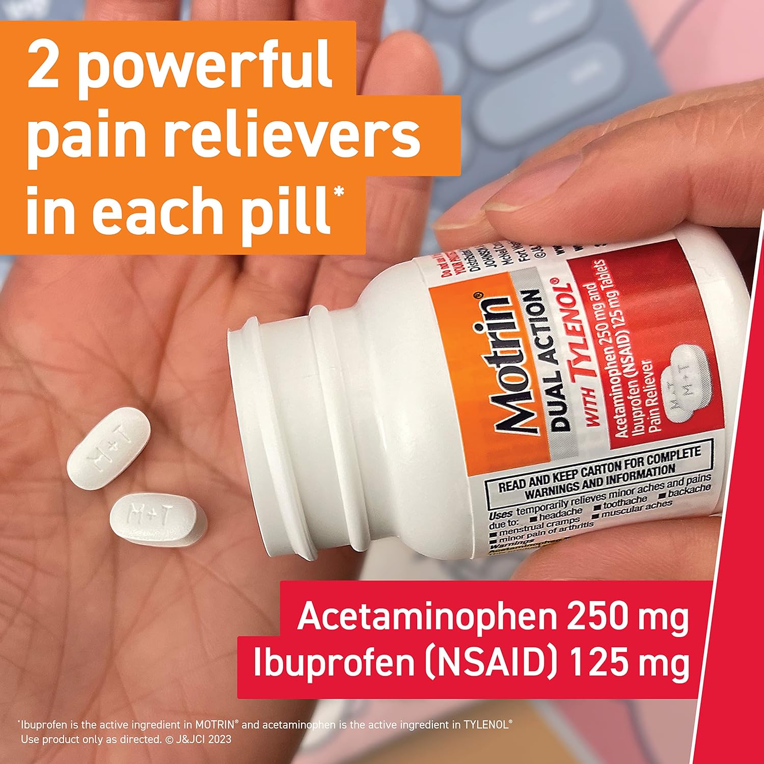 Motrin Dual Action with Tylenol, Pain Reliever Ibuprofen & Acetaminophen, Two Medicines for Minor Aches Pains, (NSAID) 125 mg Acetaminophen 250 mg, 120 ct : Health & Household