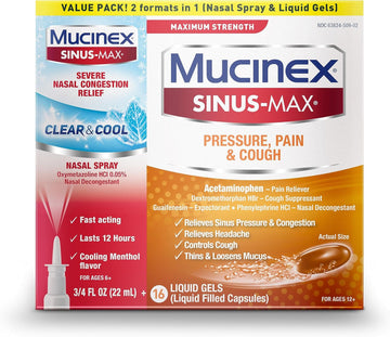 Mucinex Sinus-Max Maximum Strength Pressure, Pain & Cough Liquid Gels and Sinus-Max Severe Nasal Congestion, 3/4 Fl Oz + 16 Liquid Gels