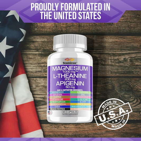 Magnesium Complex 1000mg L Theanine 200mg Apigenin 50mg Supplement with Mag Glycinate Citrate Malate Taurate + Chamomile 5-HTP Passion Flower Lemon Balm B6 Ashwagandha and L Tryptophan - Made in USA