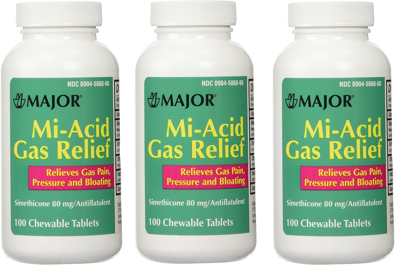 Major Simethicone Gas Relief 80 Mg - Anti Flatulence, Bloating And Gas Pressure Aid - 100 Chewable Tablets - Pack Of 3