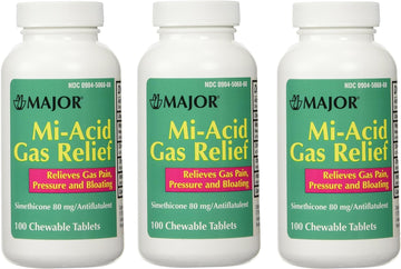 Major Simethicone Gas Relief 80 Mg - Anti Flatulence, Bloating And Gas Pressure Aid - 100 Chewable Tablets - Pack Of 3