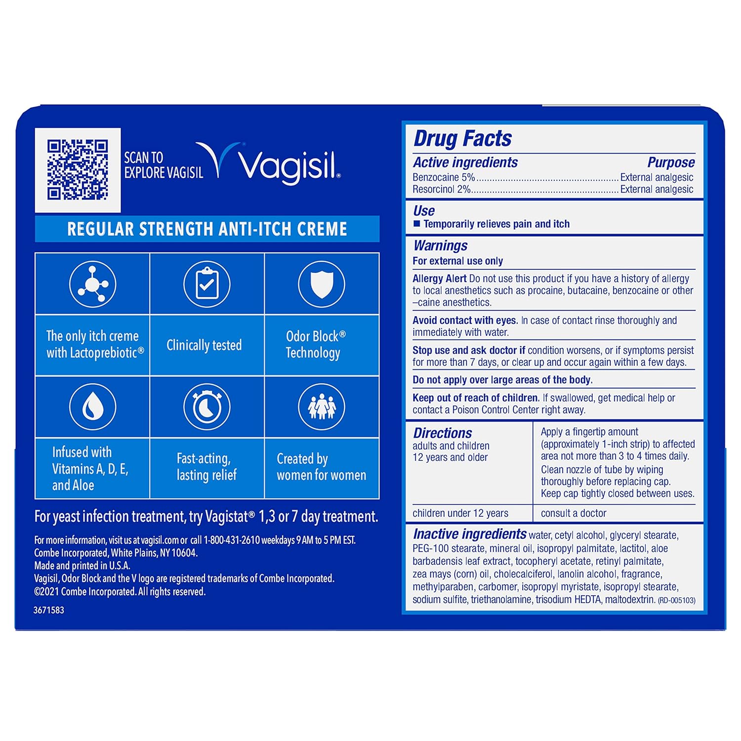 Vagisil Regular Strength Anti-Itch Feminine Cream for Women, Gynecologist Tested, Hypoallergenic, Fast-acting and Long-lasting Itch Relief, Vaginal Moisturizer Soothes and Cools, 1 oz (Pack of 1) : Health & Household