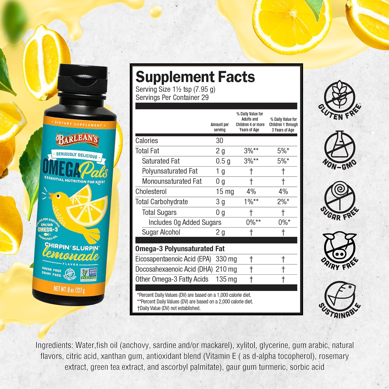 Barlean's Omega Pals Chirpin' Slurpin' Omega 3 for Kids, Yummy Lemonade Flavored Children's Liquid Fish Oil Supplement with 540 mg of EPA & DHA for Brain & Eye Health, 8 oz : Health & Household