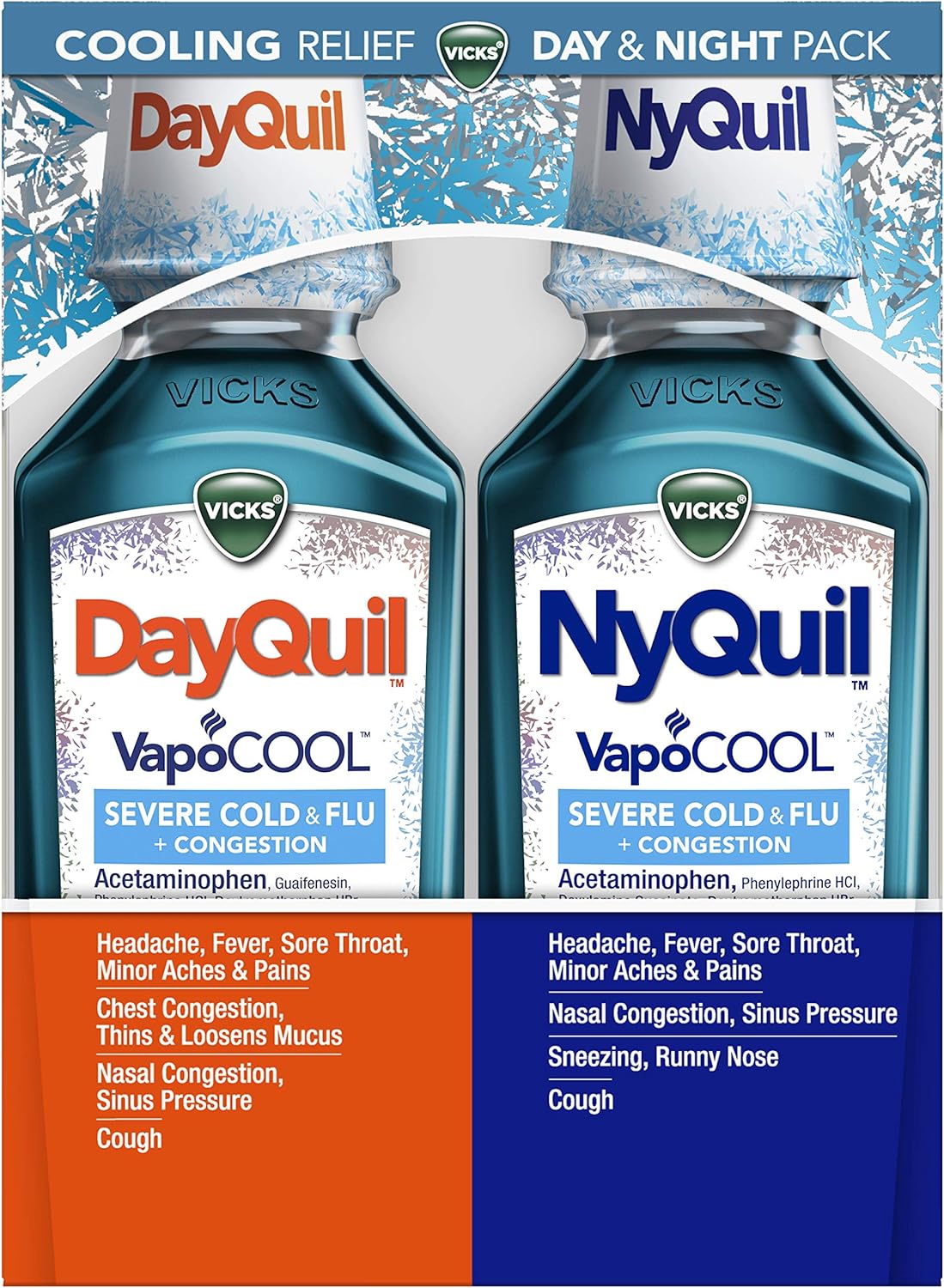 Vicks DayQuil and NyQuil VapoCOOL SEVERE Combo Cold & Flu + Congestion Medicine, Max Strength Relief For Fever, Sore Throat, Nasal Congestion, Sneezing, Cough, 2 x 12 oz Bottles, 1 NyQuil, 1 DayQuil