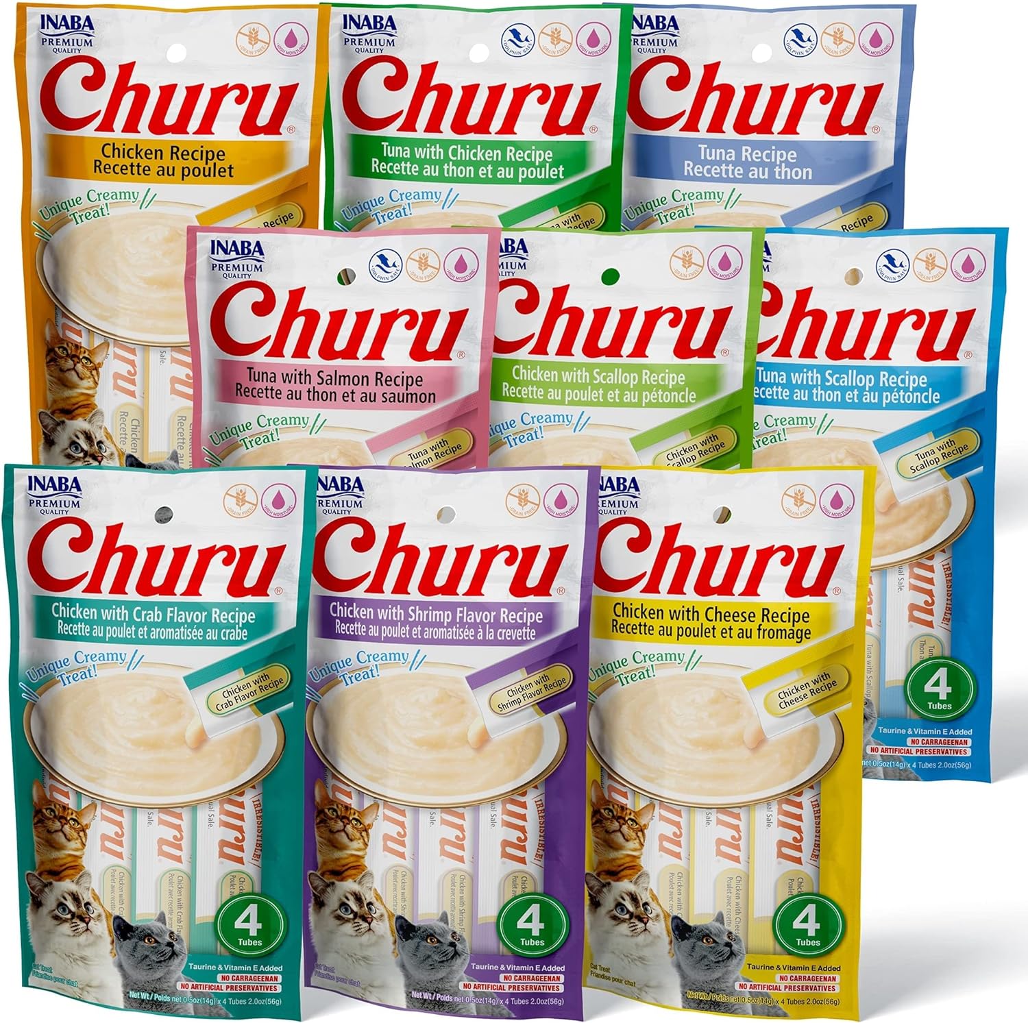 INABA Churu Cat Treats, Grain-Free, Lickable, Squeezable Creamy Purée Cat Treat/Topper with Vitamin E & Taurine, 0.5 Ounces Each Tube, 36 Tubes (4 per Pack), 9 Flavor Variety