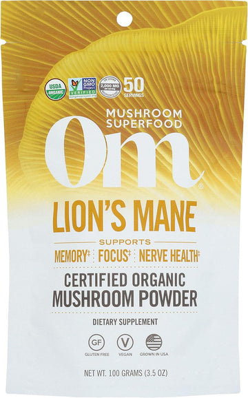 Om Mushroom Superfood Lion's Mane Organic Mushroom Powder, Fruit Body and Mycelium Nootropic for Memory Support, Focus, Clarity, Nerve Health, Creativity and Mood, 50 Servings, 100g, 3.