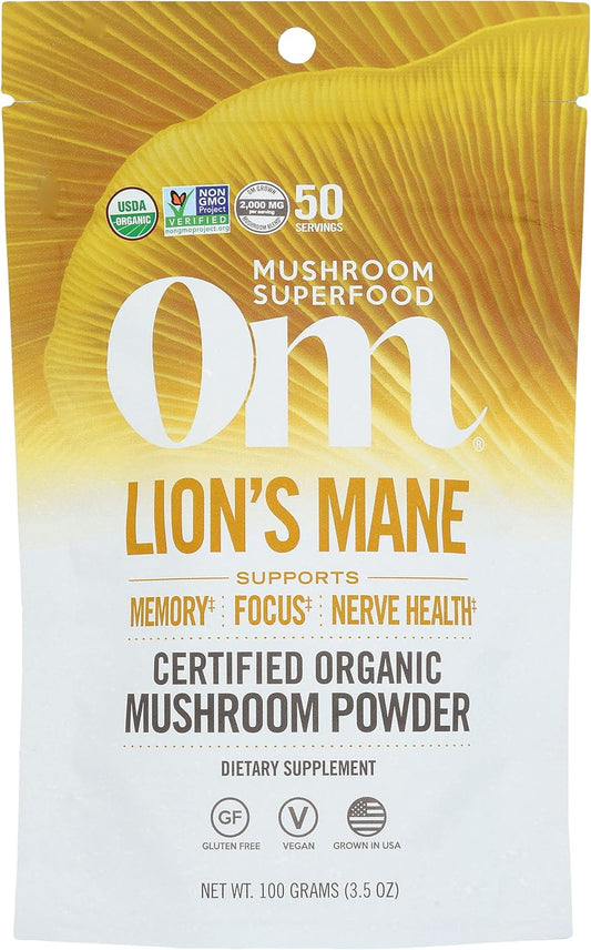 Om Mushroom Superfood Lion's Mane Organic Mushroom Powder, Fruit Body and Mycelium Nootropic for Memory Support, Focus, Clarity, Nerve Health, Creativity and Mood, 50 Servings, 100g, 3.