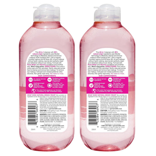 Garnier Micellar Water With Rose Water And Glycerin, Hydrating Facial Cleanser & Makeup Remover, For All Skin Types, Vegan, Cruelty Free, 13.5 Fl Oz (400Ml), 2 Count