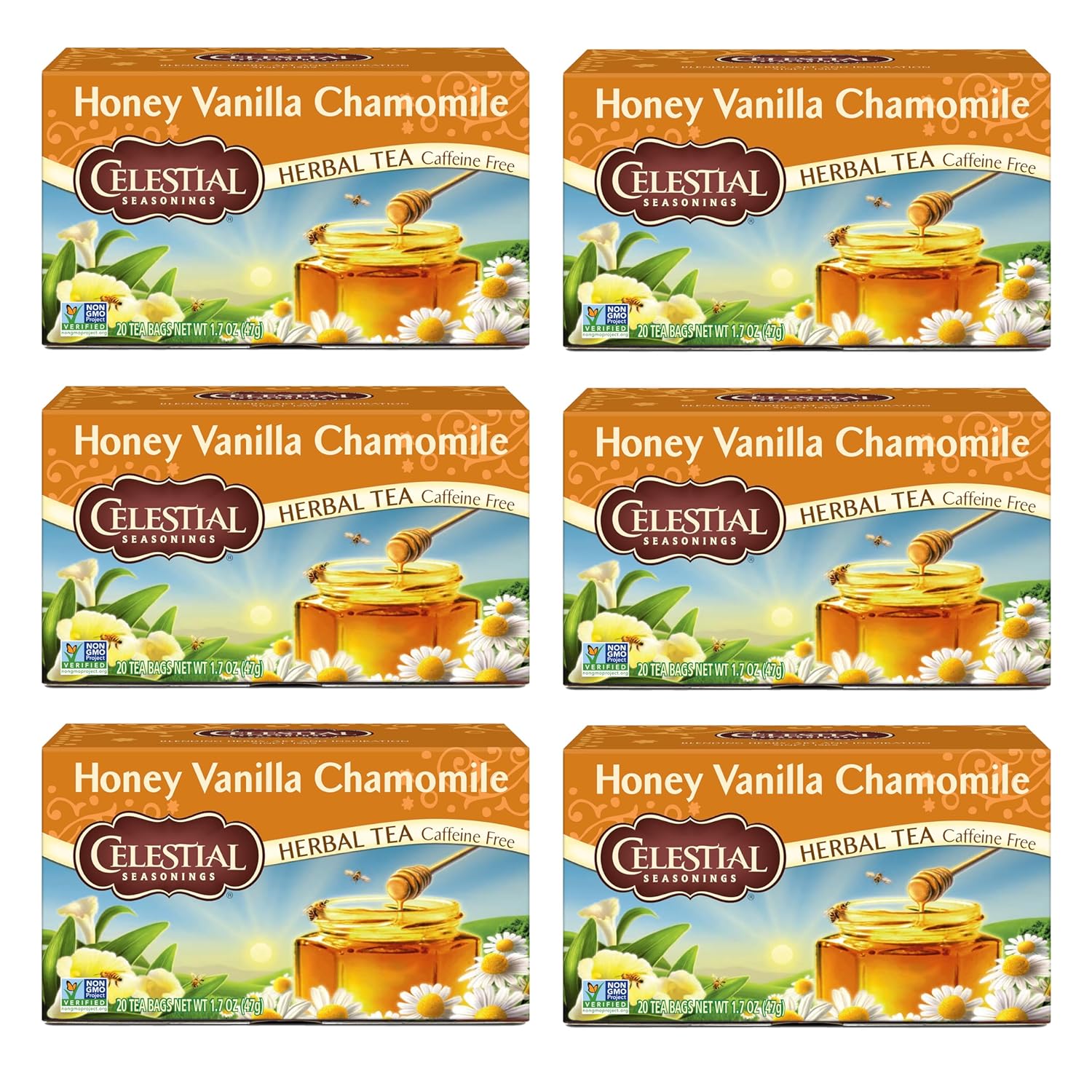 Celestial Seasonings Honey Vanilla Chamomile Herbal Tea, Caffeine Free, 20 Tea Bags Box, (Pack Of 6)