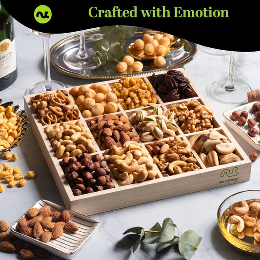 Nut Cravings Gourmet Collection - Happy Birthday Nuts Gift Basket With Hb Ribbon In Reusable Wooden Tray (12 Assortments) Food Platter, Bday Care Package Variety, Healthy Kosher