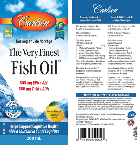 Carlson - The Very Finest Fish Oil, 1600 mg Omega-3s, Liquid Fish Oil