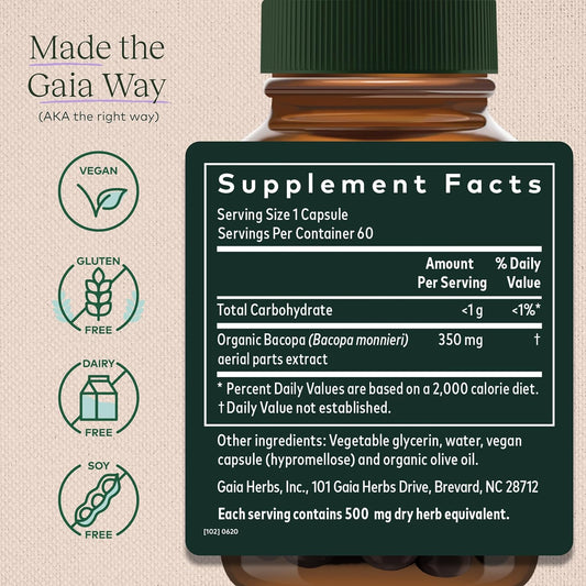 Gaia Herbs Bacopa - Brain And Cognitive Support Herbal Supplement - Made With Bacopa (Bacopa Monnieri) To Help Support A Thriving Mind - 60 Vegan Liquid Phyto-Capsules (Up To 60-Day Supply)