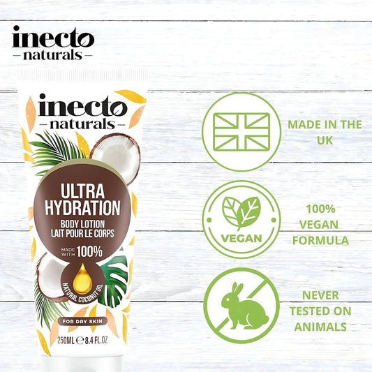 Inecto Natural Ultra Hydration Body Lotion 250Ml, 100% Natural Coconut Oil, Made In Uk, Vegan Formula, Ultra Hydration For Dry Skin