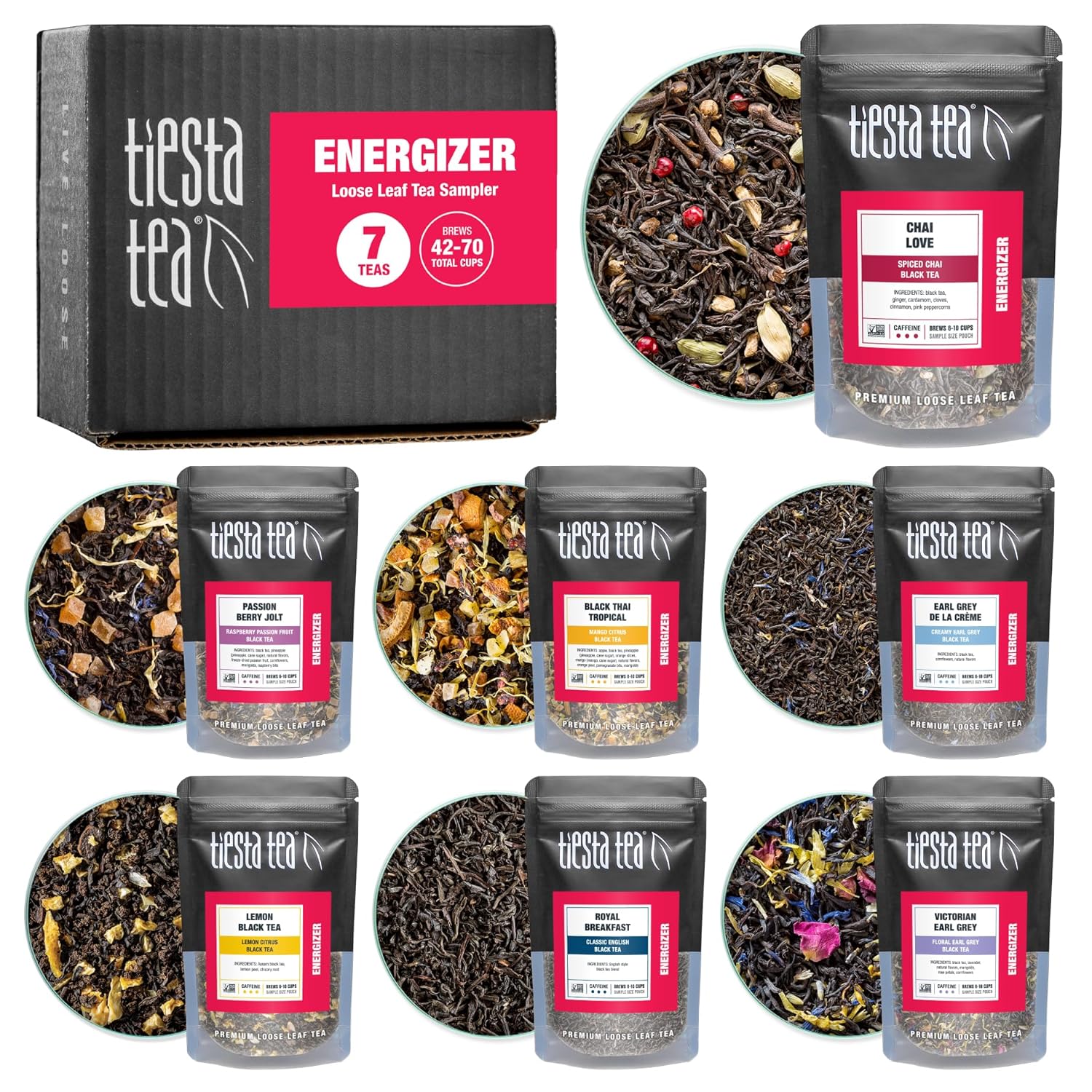 Tiesta Tea - Energizer Tea Sampler Set, High Caffeine, 70 Cups, Premium Loose Leaf Variety Pack With Black & Chai Tea - 7 Resealable Sample Pouches