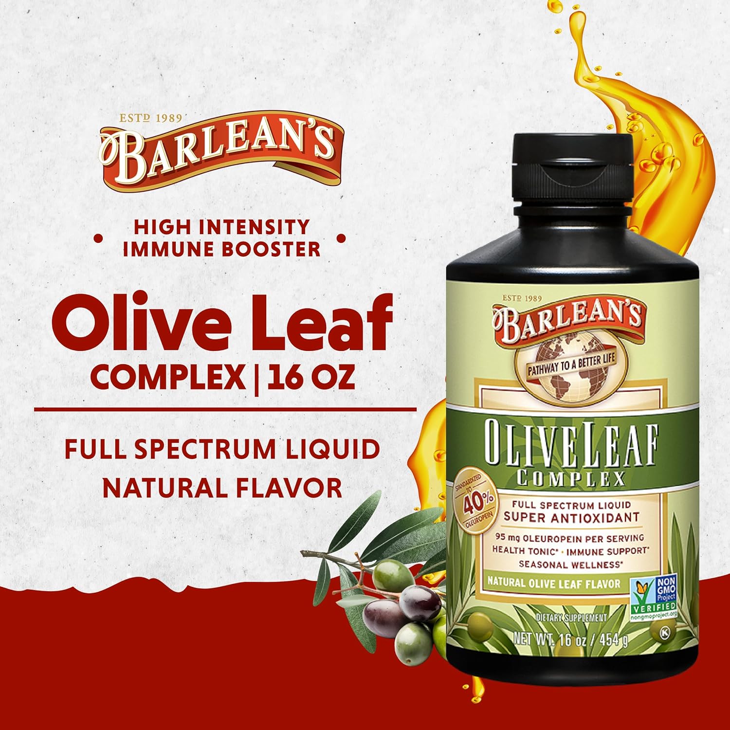 Barlean's Olive Leaf Complex Liq Immune Support Supplement with 95mg Oleuropein Antioxidants for Seasonal Wellness, Heart Health, & Immune System Booster, 16 