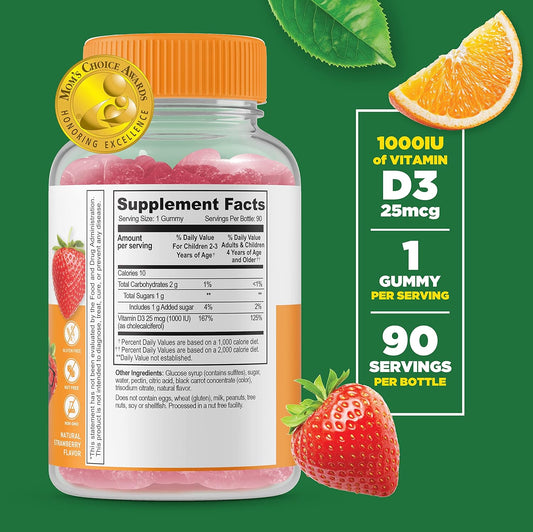 Lifeable Vitamin D for Kids 1000 IU - Great Tasting Natural Flavor Gummy Supplement - Gluten Free Vegetarian GMO Free Chewable - for Strong Healthy Bones and Immune Support - for Children 90 Gummies