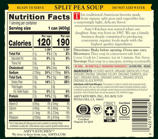 Amy'S Soup, Vegan Split Pea Soup, Gluten Free, Made With Organic Vegetables, Canned Soup, 14.1 Oz