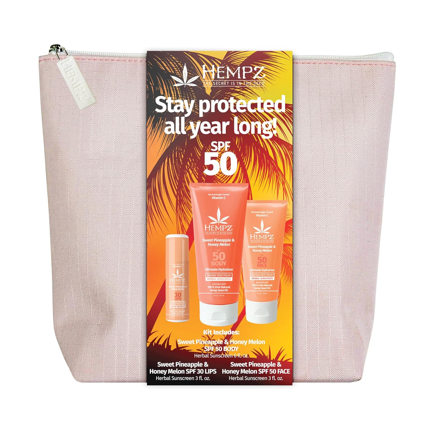 Hempz Daily Essentials Face, Body, & Lip Balm 50 Spf Sunscreen Kit - Sweet Pineapple & Honey Melon Scent, Includes Sunscreen For Face, Body, Lips & A Free On-The-Go Bag