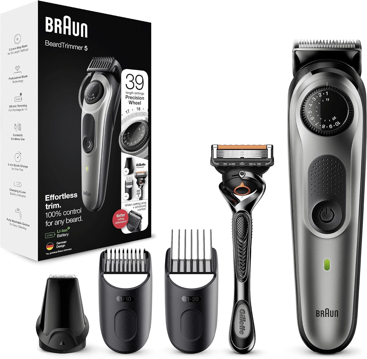 Braun Beard Trimmer Series 5 & Hair Clippers With Gillette Fusion5 Proglide Razor, 39 Length Settings, Uk 2 Pin Plug, Bt5260, Black/Silver
