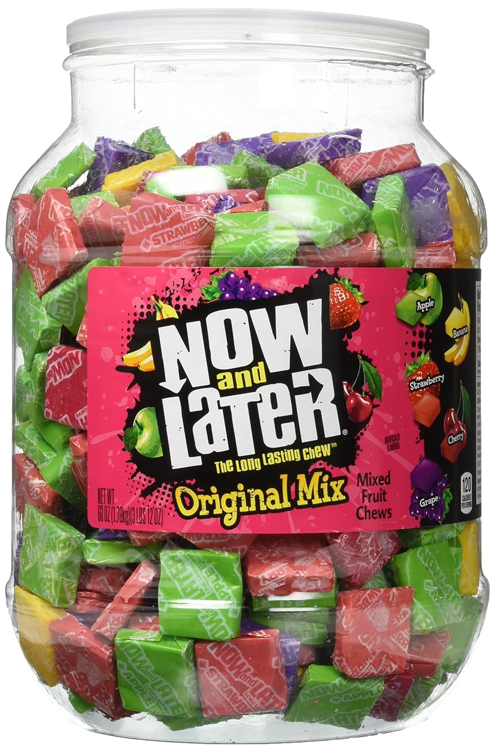 Now And Later Original Mix, Individually Wrapped Mixed Fruit Chew Candy, 60 Ounce Jar