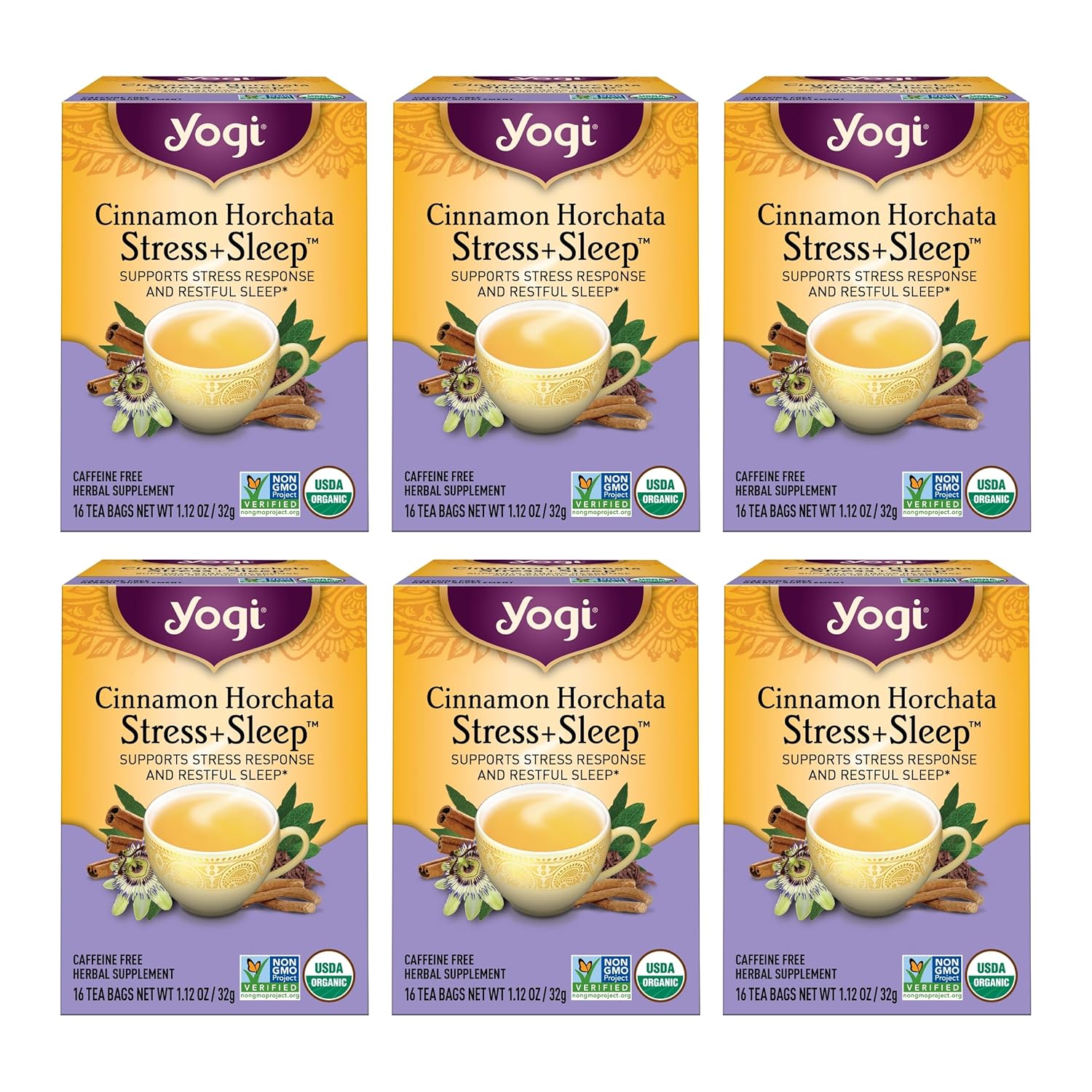 Yogi Tea Cinnamon Horchata Stress + Sleep Herbal Tea, Caffeine Free, Usda Certified Organic, Non-Gmo, 16 Tea Bags (Pack Of 6)