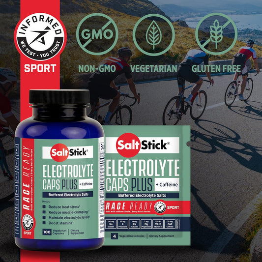 Saltstick Electrolytes With Caffeine - Salt Pills And Electrolytes For Running, Hydration, Leg Cramps Relief, Sports Recovery, Hiking Essentials - Salt, Magnesium, Potassium, Vitamin D3 - 100 Count