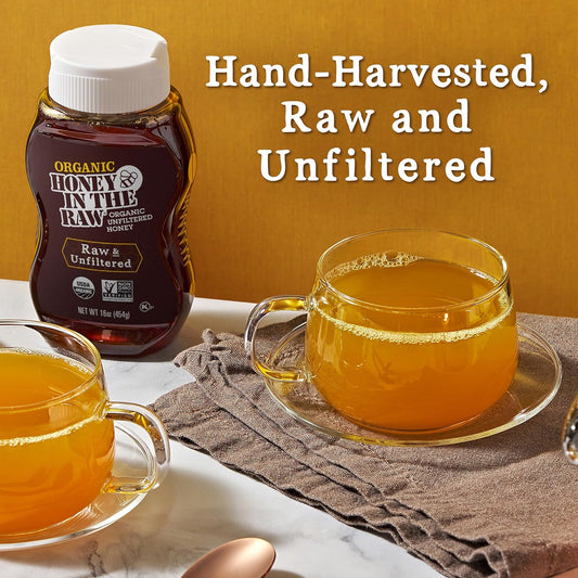 Honey In The Raw Unfiltered Organic Honey, Pure Sweet Honey From Brazil For Coffee, Tea, Yogurt, Snacks, Sauce, Salad Dressing, Pancakes, Usda Certified, Non-Gmo, Gluten Free, 16 Oz Bottle (Pack Of 6)