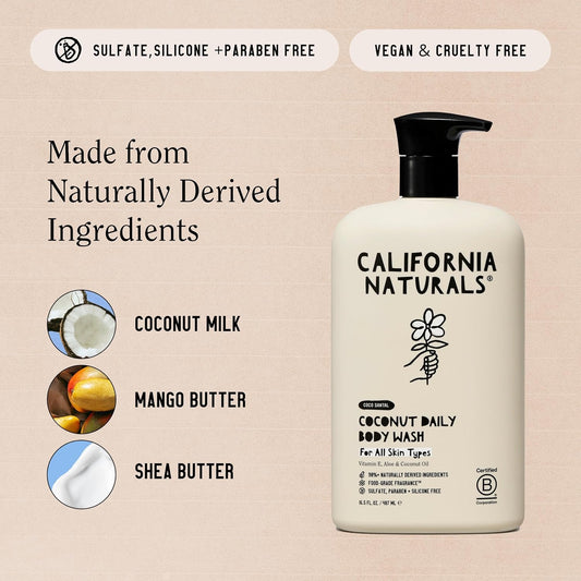 California Naturals Body Wash For Women And Men, Vitamin E Shower Gel Cleanser, Natural, Vegan & Cruelty Free, Paraben & Sulfate Free, Moisturizing Skin, Coconut, All Skin Types, 16.5 Fl Oz