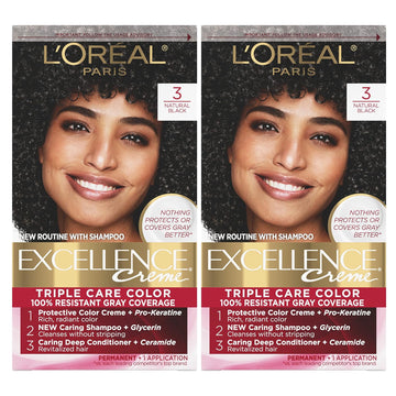 L'Oreal Paris Excellence Creme Permanent Hair Color, 3 Natural Black, 100 Percent Gray Coverage Hair Dye, Pack Of 2