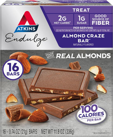 Atkins Endulge Treat, Almond Craze Bar, 2g Net Carbs, 1g of Sugar, Good Source of Fiber, Keto Friendly, 16 Count