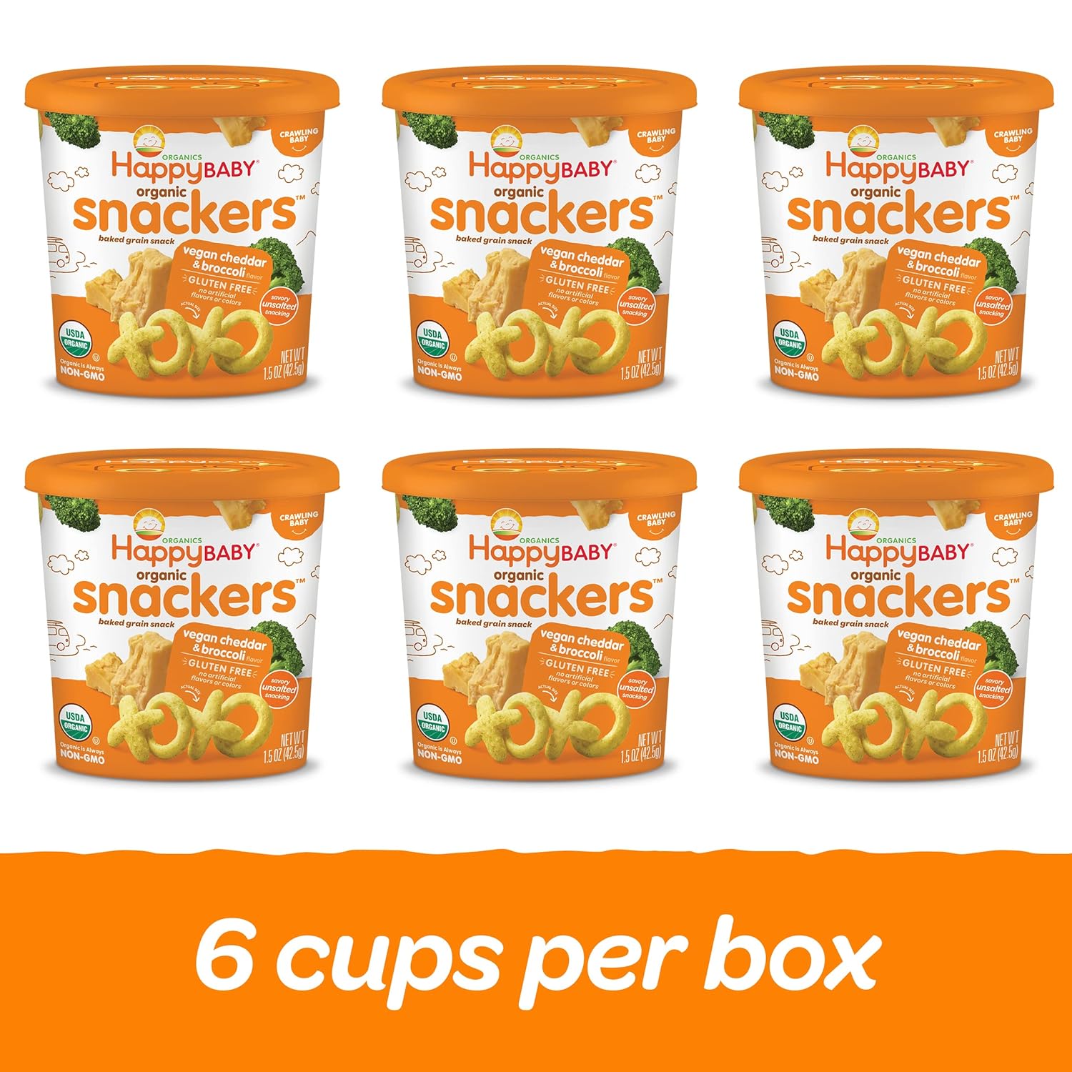 Happy Baby Organics Organic Snackers, Gluten Free Baked Grain Snack, Vegan Cheddar & Broccoli 1.5oz Cup (Pack of 6) : Everything Else
