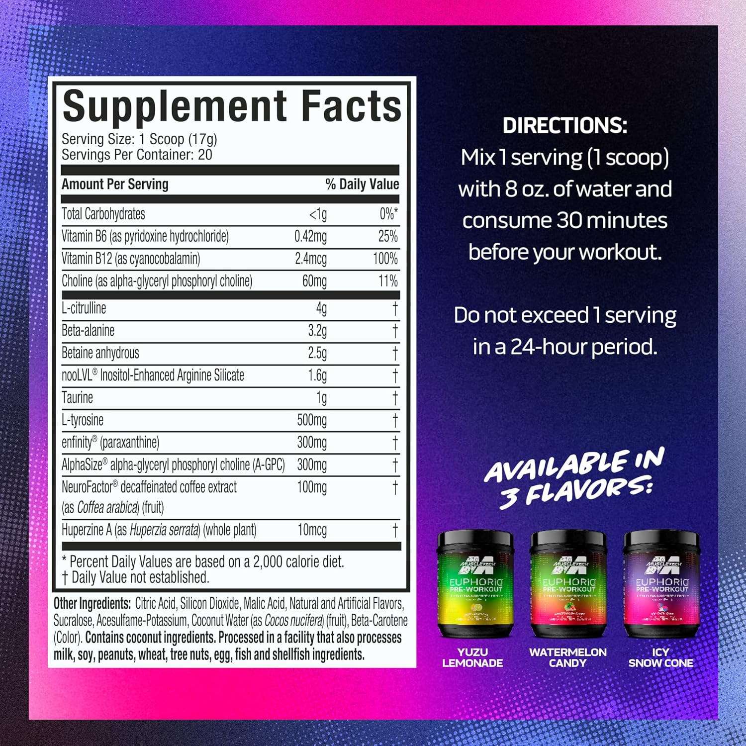 Pre Workout Powder MuscleTech EuphoriQ PreWorkout Smart Pre Workout Powder for Men & Women Caffeine Metabolite Fueled With Paraxanthine Watermelon Candy (20 Servings) : Health & Household