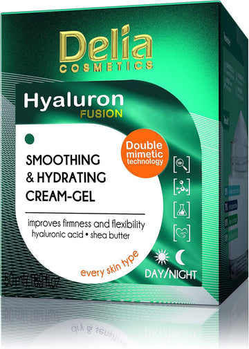 Delia Cosmetics - Hyaluron Fusion - Day & Night Cream Gel - Smoothing & Hydrating - Elasticity, Firmness Improvement - Fro Dry & Sensitive Skin - Active Ingredients - 50Ml