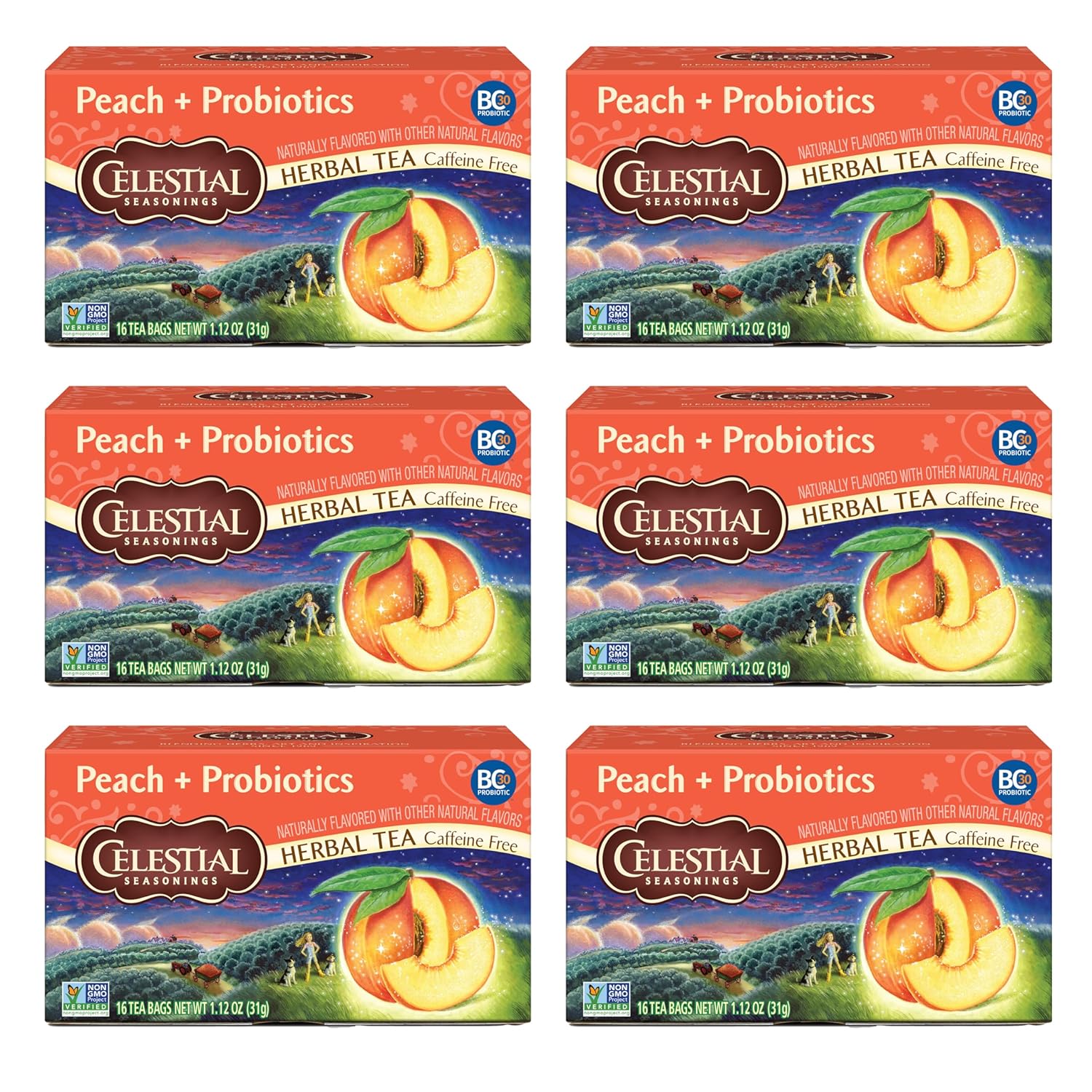 Celestial Seasonings Peach + Probiotics Herbal Tea, Caffeine Free, 16 Tea Bags Box, (Pack Of 6)