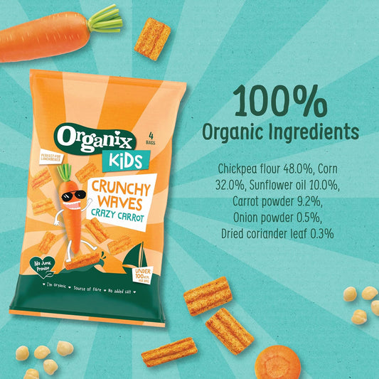 Organix Kids Crazy Carrot Crunchy Waves Snack 3+ Years Multipack, 4 X 14 G Bags Per Pack (4 Packs Total)