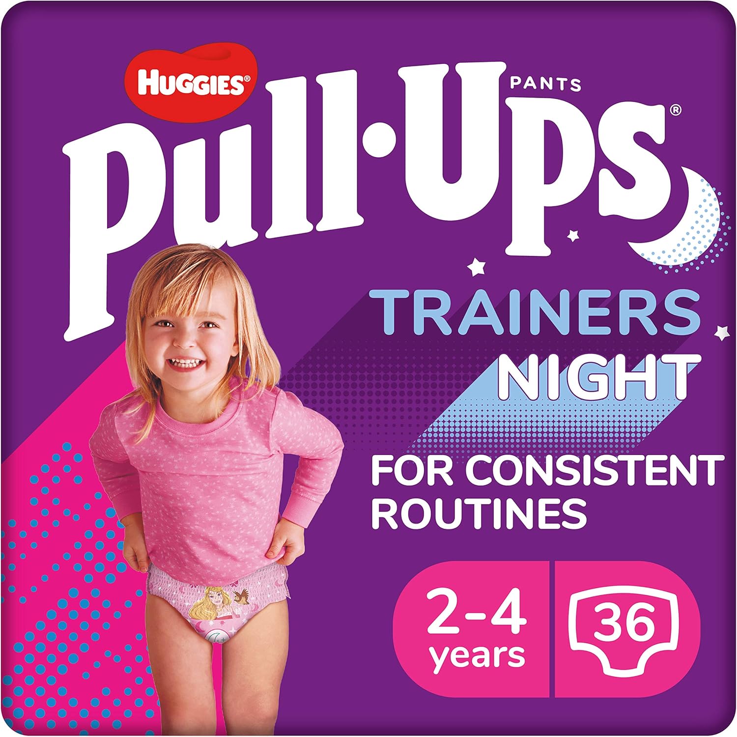 Huggies Pull-Ups, Trainers Night Nappy Pants For Girls - 2-4 Years, Pull-Ups Size 6 (36 Pants) - Extra Night Time Protection - Support For Consistent Potty Training Routines