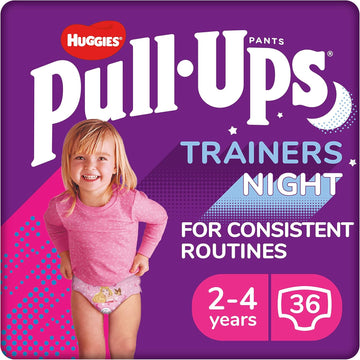 Huggies Pull-Ups, Trainers Night Nappy Pants For Girls - 2-4 Years, Pull-Ups Size 6 (36 Pants) - Extra Night Time Protection - Support For Consistent Potty Training Routines