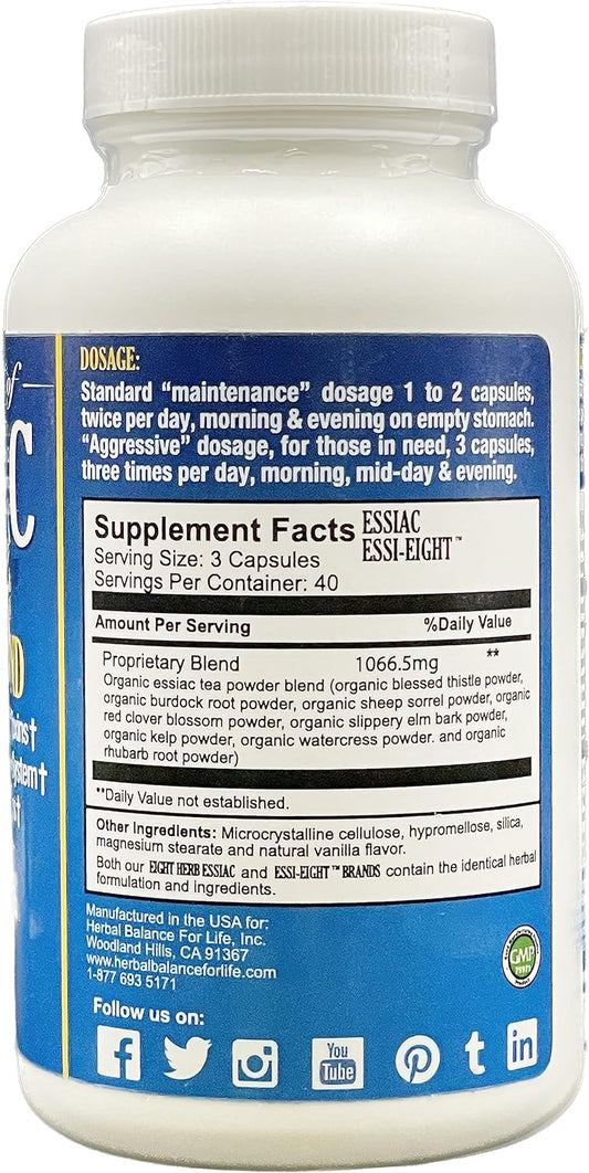 Organic Essiac Tea 8 Herb Capsules, 3199 mg per Serving - 120 Capsules, with Sheep Sorel Roots, More Potent 8-herb Essiac Tea Formula by Nurse Rene Caisse & Dr. Charles Brusch in 1950s