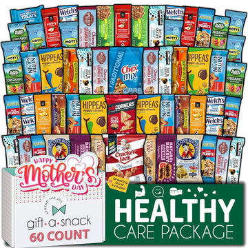 Gift A Snack - Mothers Day Healthy Snack Box Variety Pack Care Package + Greeting Card (60 Count) Treats Gift Basket, Nutritious Granola Breakfast Bars Assortment