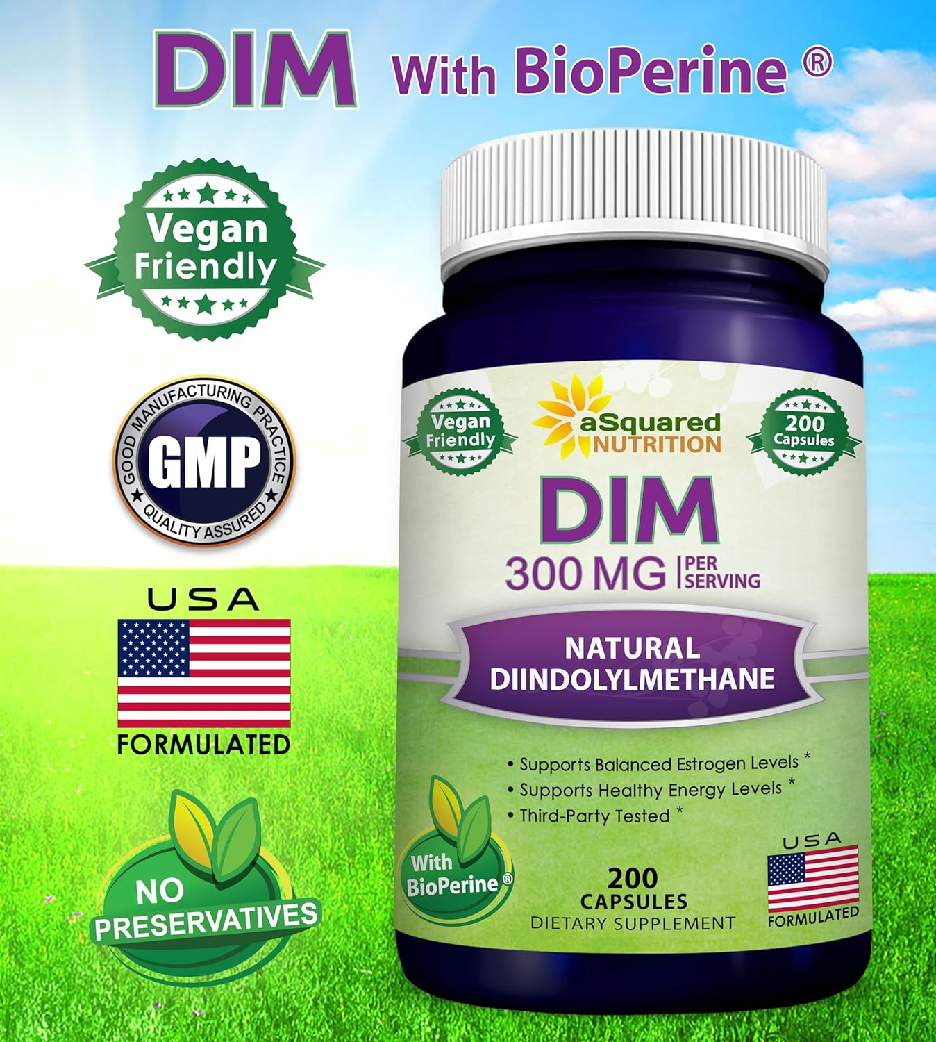 aSquared Nutrition DIM Supplement 300mg Plus BioPerine - 200 Veggie Capsules - Diindolylmethane DIM Max Strength Pills to Support Estrogen Metabolism & Balance, Menopause Relief, PCOS, Hormonal Acne : Health & Household