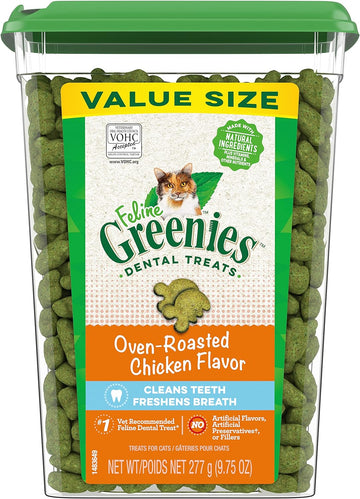 Greenies Feline Adult Natural Dental Cat Treats, Oven Roasted Chicken Flavor, 9.75 oz. Tub