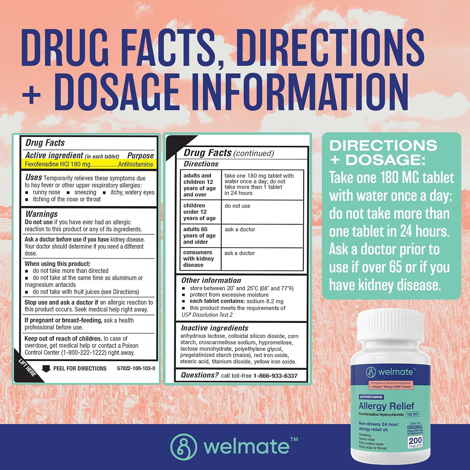 WELMATE Allergy Relief | Fexofenadine HCl 180 mg | Non-Drowsy Antihistamine | 200 Count Tablets : Health & Household