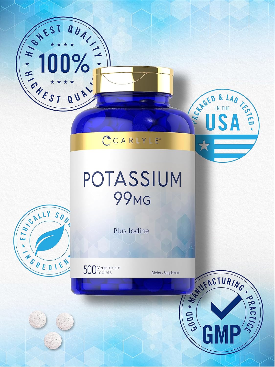 Carlyle Potassium 99mg | Plus Iodine | 500 Vegetarian Tablets | Non-GMO and Gluten Free Supplement : Health & Household