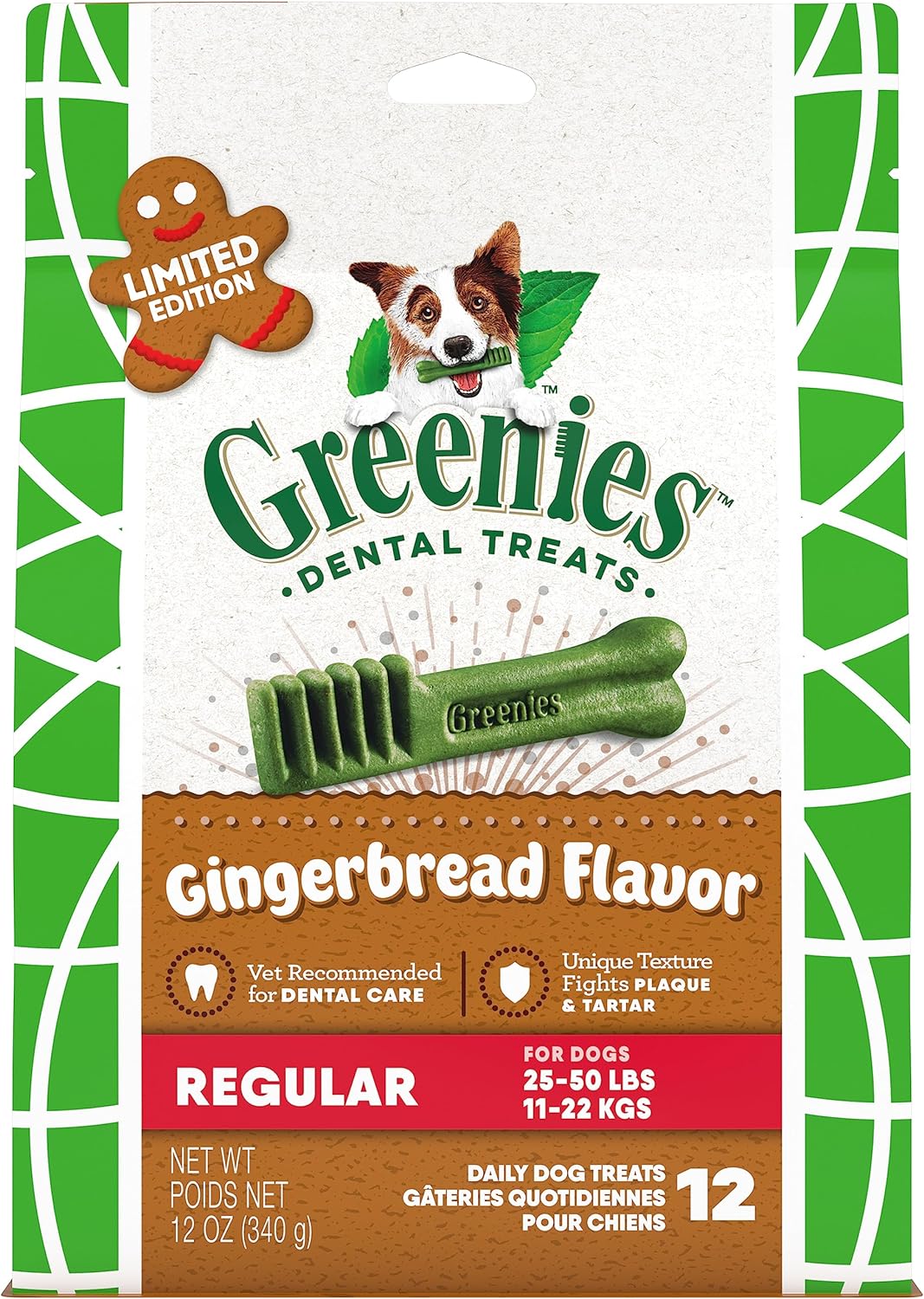 Greenies Regular Size Dental Dog Treats, Gingerbread Flavor, 12 oz. Pack (12 Count)