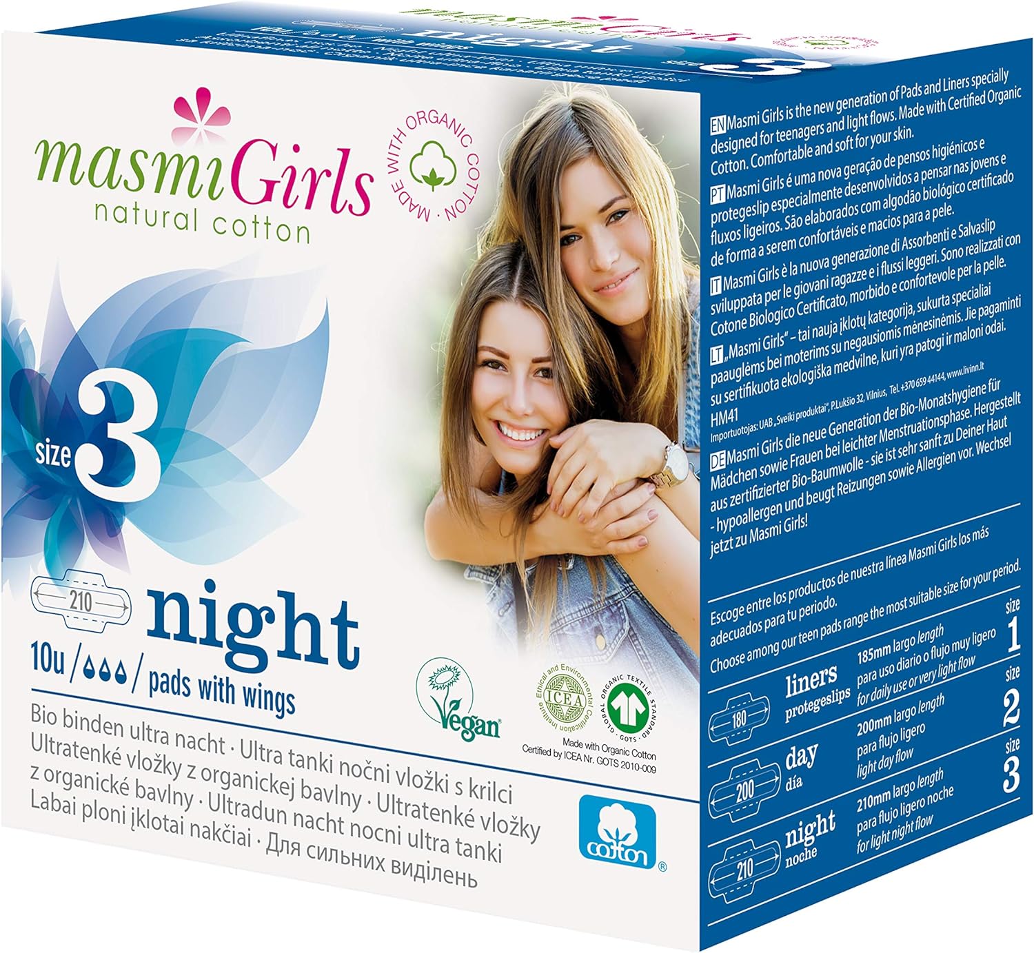 Masmi Girls Organic Sanitary Pads With Wings Night Pack Of 3
